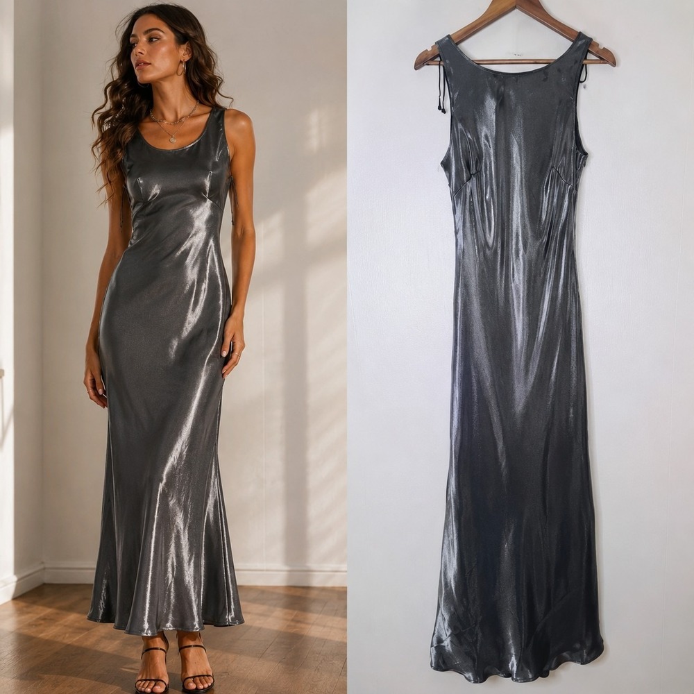 90's De Laru by Sheila Yen Maxi Dress Womens Size 7/8 Gray Metallic HOCO